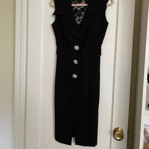 Elegant midi dress black with rhinestone ft buttons w sheer embroidered bk w bow